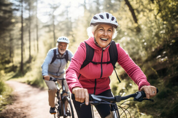 an elderly husband and wife pedal side by side, reveling in the simple pleasure of cycling together 