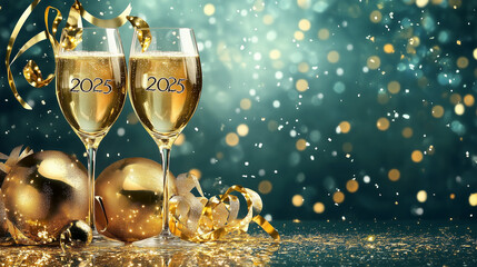 Champagne glasses are on a table with a gold ribbon and a blue background