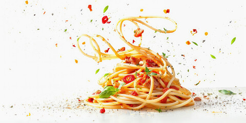 Italian spaghetti with sauce, herbs, and oil, capturing the essence of a tasty, healthy dinner, isolated on white background