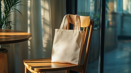 Wall Mural - A plain white tote bag sits on a wooden chair in a room bathed in sunlight.