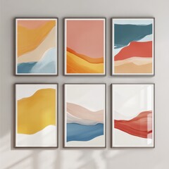 Poster - A modern gallery wall featuring six colorful abstract paintings with vibrant brush strokes and textured detail, igniting creativity.