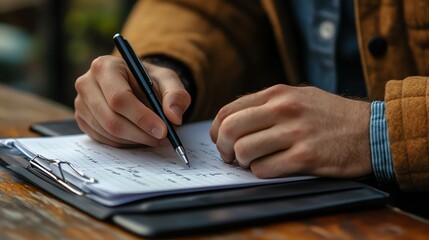 Close-up of businessman's hand writing on document graph at office meeting