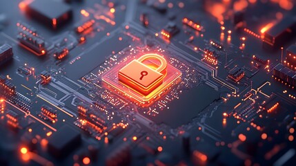 Poster - Expansive cybersecurity network with an intricate circuit board design a digital padlock icon and a dark moody futuristic cyberpunk style atmosphere with cinematic lighting