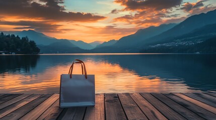 A white paper bag sits on a wooden dock, overlooking a tranquil lake with a picturesque sunset over the mountains in the background.