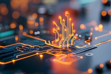 Poster - Vibrant digital circuit board with radiant interconnected pathways and luminous energy nodes representing complex electronic infrastructure futuristic engineering