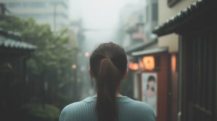 Wall Mural - A woman with long hair is walking down a street in the rain