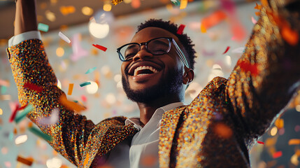 Wall Mural - Happy candid young business black man dancing under confetti at an office party celebrating success and company goals 