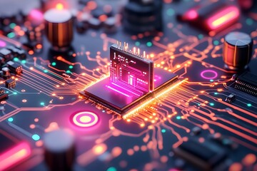 Poster - Vibrant digital circuit board with radiant interconnected pathways and luminous energy nodes showcasing a complex electronic infrastructure and futuristic engineering