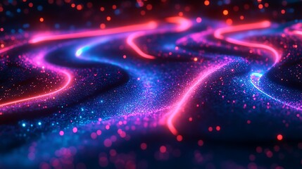 Poster - A vibrant, abstract wave of blue and pink light trails illuminated against a dark background, creating a dynamic and futuristic visual effect.
