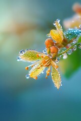 Sticker - Macro photography of a yellow flower with dew drops in sunlight