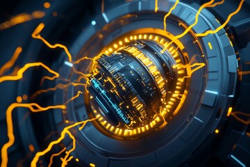 Poster - Futuristic warp drive core housed inside a sleek, modern starship, with neon energy pulses and advanced technology surrounding it