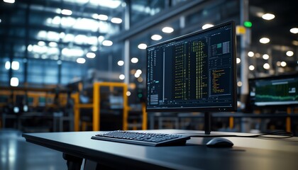 A modern computer displaying data analysis in a warehouse setting, highlighting technology in the industrial environment.