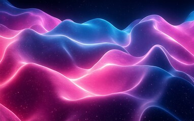 Poster - A vibrant digital landscape featuring flowing waves in shades of pink and blue, creating a mesmerizing and abstract visual experience.