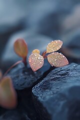 Poster - Close up of delicate pink leaves with dew drops on grey rocks, macro photography, nature background