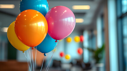 A blurred background of an office filled with colorful balloons and decorations, creating a festive atmosphere. The vibrant celebratory setup hints at a special office event or party, perfect for illu