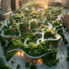 Poster - thriving sustainable city district boasting cutting edge energy efficient buildings interwoven with 
