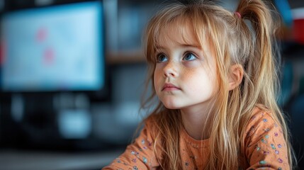 With an expression of wonder, a young girl looks upward in a modern environment, capturing the simplicity of childhood and contemplation in a serene setting.