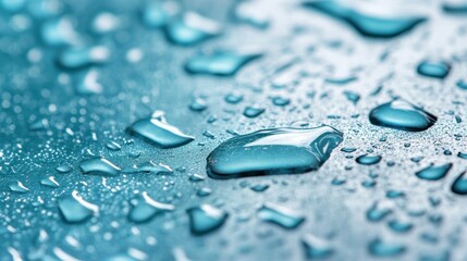 This macro photo captures clear water droplets scattered across a smooth, reflective blue surface, highlighting the beauty and calmness of nature in abstract form.