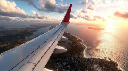 An airplane window view capturing islands dotting a shimmering ocean, bathed in golden sunlight during a tranquil evening flight, evoking wanderlust and peace.