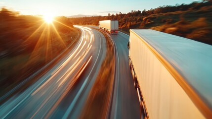 A dynamic shot capturing multiple trucks driving along a winding highway during sunset, with streaks of light illustrating motion and speed.