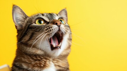 A curious tabby cat with its mouth wide open is caught in a moment of surprise against a vibrant yellow background, highlighting its expressive eyes and whiskers.