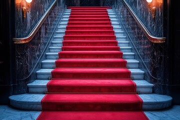 Red carpet on the stairs on a dark background. The path to glory, victory and success