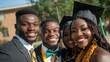 © svastix - Four friends wearing academic caps and gowns, smiling brightly for the camera. They are celebrating their graduation day outdoors on a sunny day, exuding joy and achievement.