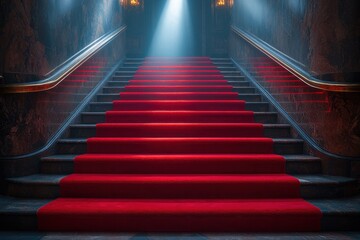 Red carpet on the stairs on a dark background. The path to glory, victory and success