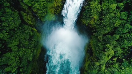 A vibrant high-angle view of a waterfall crashing into a deep basin surrounded by thick forests, highlighting the power and majesty of natural water elements.