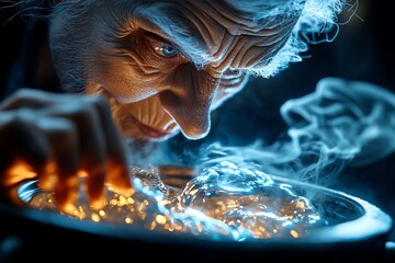 Aufkleber - Hyper-detailed image of a witch stirring a cauldron, with swirling smoke and glowing potions casting reflections on her face, every wrinkle visible in the dim light