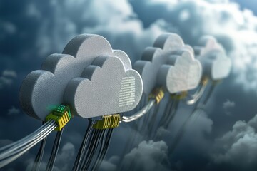Poster - Cloud computing network, cables linking to cloud storage, tech concept, digital, futuristic, 3D rendering 
