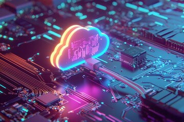 Poster - Cloud computing with network cable plug-in, futuristic tech background, 3D rendering 