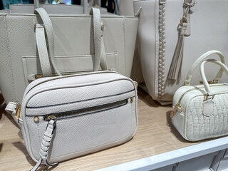 Fashionable leather women's bags for sale in the mall.  Handbags on shop window