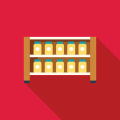Poster - wooden shelf is holding jars full of food preserves, casting a long shadow over a red background