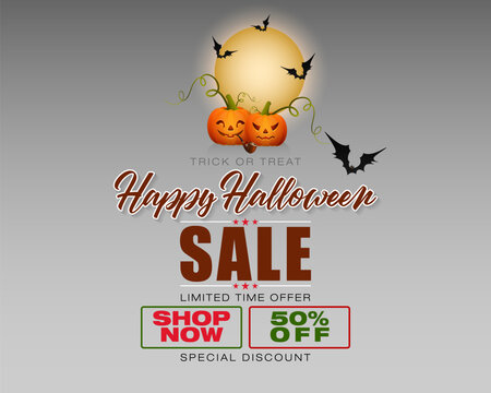 Holiday design, background with handwriting text, pumpkins and bats in moonlight for Halloween celebration, sales and commercial events; Vector illustration.