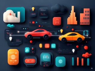Poster - Vibrant abstract cityscape depicting a cutting edge smart transportation network with levitating electric cars gestural rail lines and cascading holographic interfaces