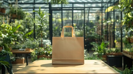 Wall Mural - Brown paper shopping bag on wooden table in a greenhouse with green plants in background.