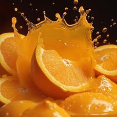 Orange juice splashing on a black background with fresh citrus fruit slices