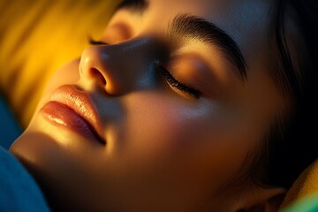 Poster - Hyper-realistic close-up of a personâ€™s face in meditation, with soft light glowing around them, symbolizing calm and mindfulness