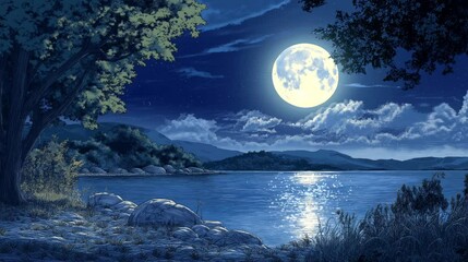 view of the moon shining its silver light over the lake. seamlessly looping 4k time-lapse video anim