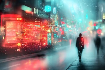 Poster - Mesmerizing cityscape filled with undulating holographic displays neon lit architectural structures and swirling digital particles  A striking visual representation of a futuristic