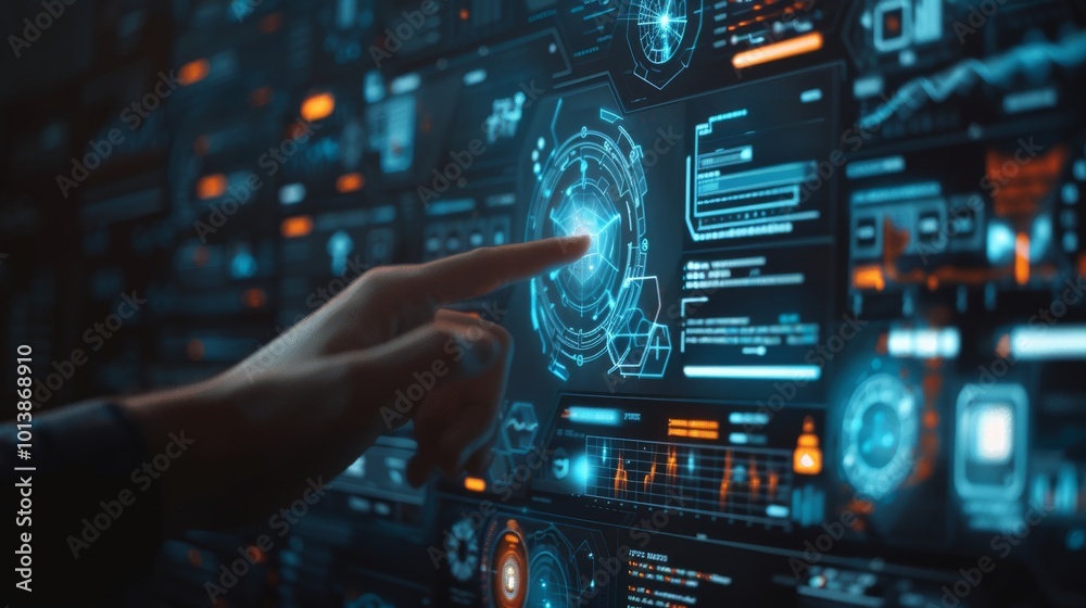 A hand pointing at an interactive screen displaying various digital ...