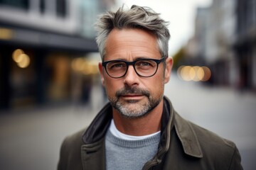 Portrait of a handsome middle-aged man with short gray hair wearing glasses in the city