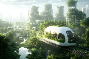 Poster - Futuristic eco friendly metropolis with sleek energy efficient skyscrapers sprawling public gardens and efficient mass transit systems