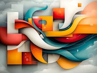 Poster - Conceptual digital painting showcasing the adaptive self organizing nature of a smart city mobility system with geometric shapes and flowing lines blending into a hypnotic