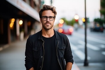 Portrait of a handsome young man with glasses on a city street