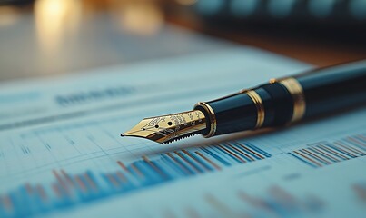 Poster - A close-up of a luxurious fountain pen resting on financial documents, suggesting themes of investment, finance, and professional writing.