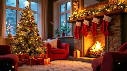 Wall Mural - fireplace with christmas decorations