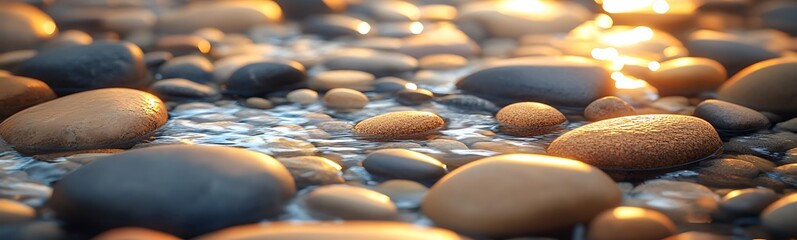 Poster - A serene close-up of smooth stones partially submerged in water, reflecting soft sunlight, creating a calming and natural ambiance.