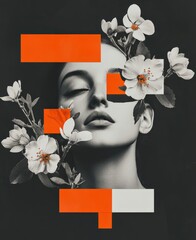 Wall Mural - Minimalist collage with gray, white, and orange colors, a woman's portrait, flowers, geometric shapes